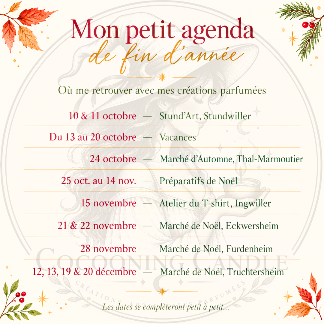 Agenda de fin d'année 2026 Cocooning Candle - Marchés artisanaux et marchés de Noël en Alsace